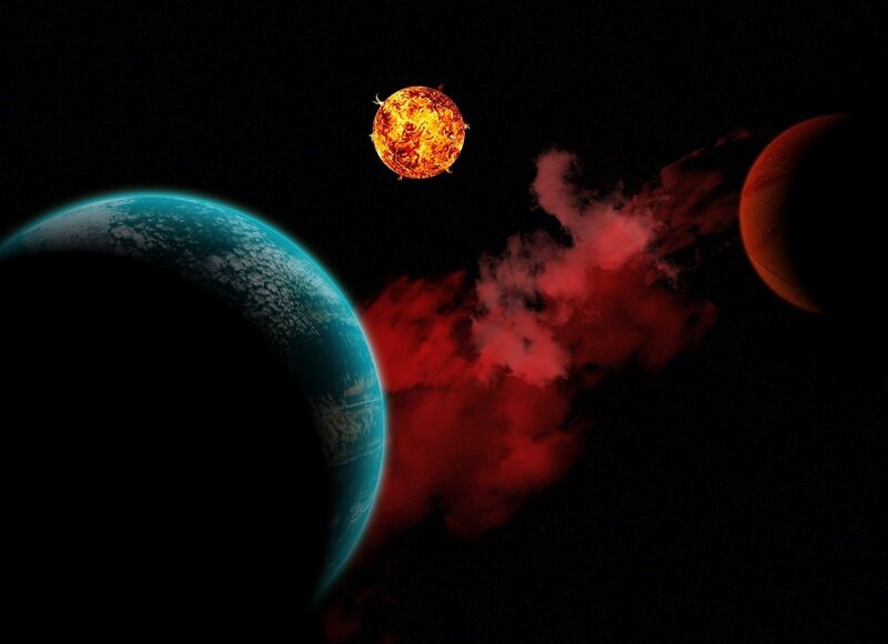Planets in Space — Black, Dramatic, Digital Art, Star