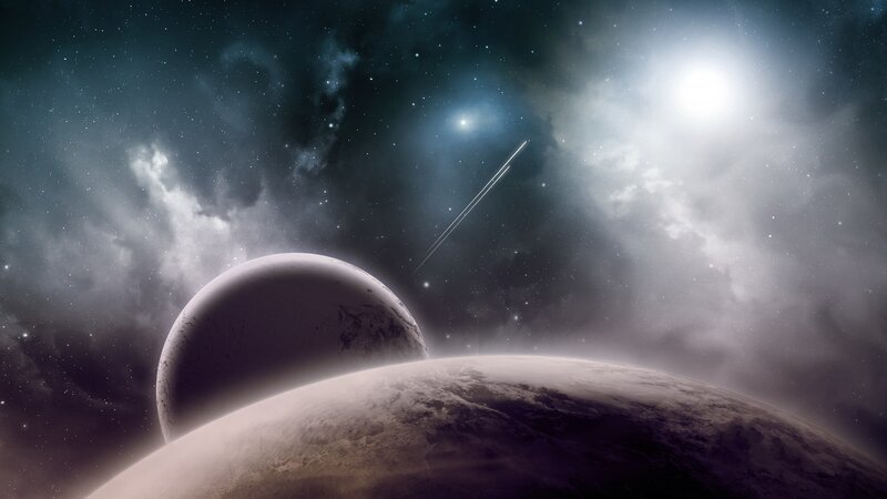 Planets in Space — Black, Dramatic, Digital Art, Stars, Comet, Nebula, White