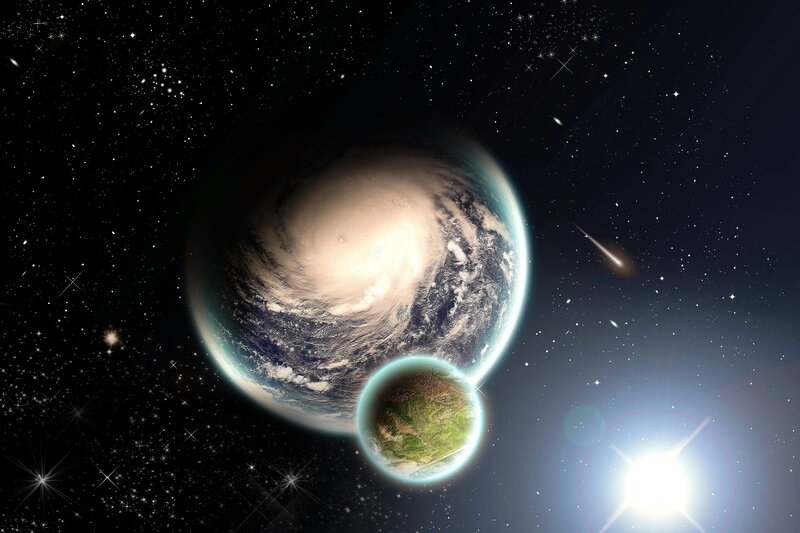 Planets in Space — Black, Dramatic, Digital Art, Stars, Comet