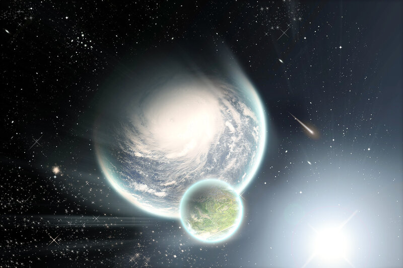 Planets in Space — Black, Dramatic, Digital Art, Stars, Meteor