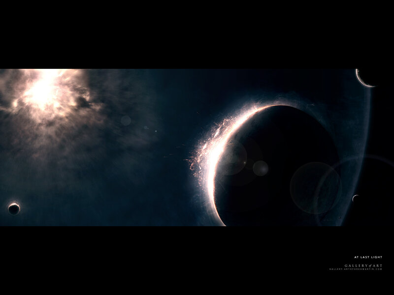 Planets in Space — Black, Dramatic, Digital Art, Stars, Moons, Light