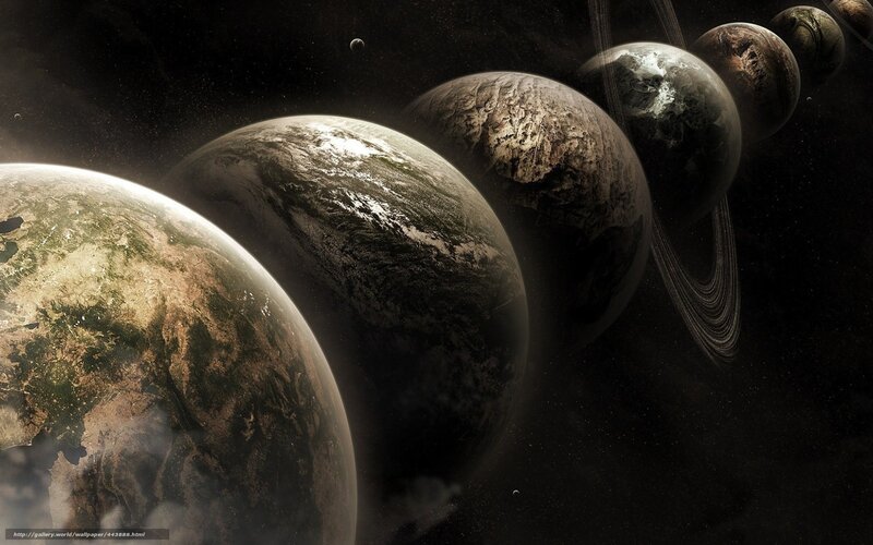 Planets in Space — Black, Dramatic, Digital Art, Stars, Moons