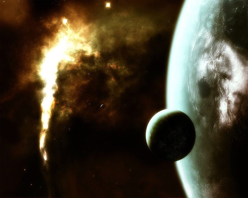 Planets in Space — Black, Dramatic, Digital Art, Stars, Nebula, Moon, Gold