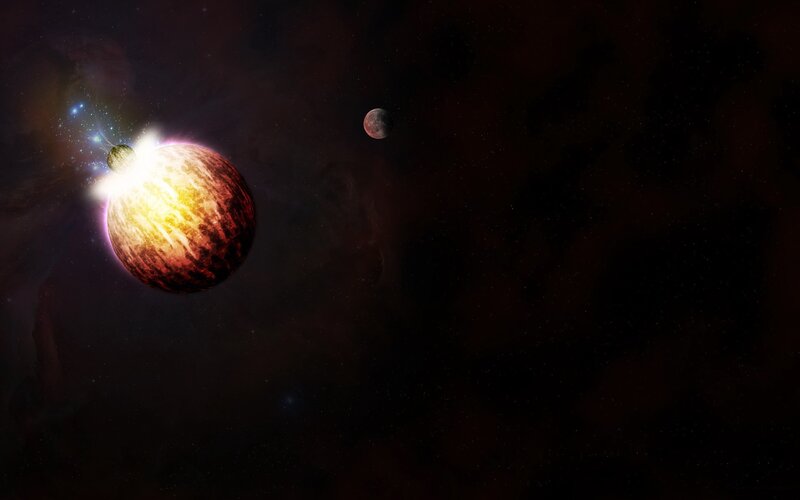Planets in Space — Black, Dramatic, Digital Art, Stars, Nebula, Moon, Red