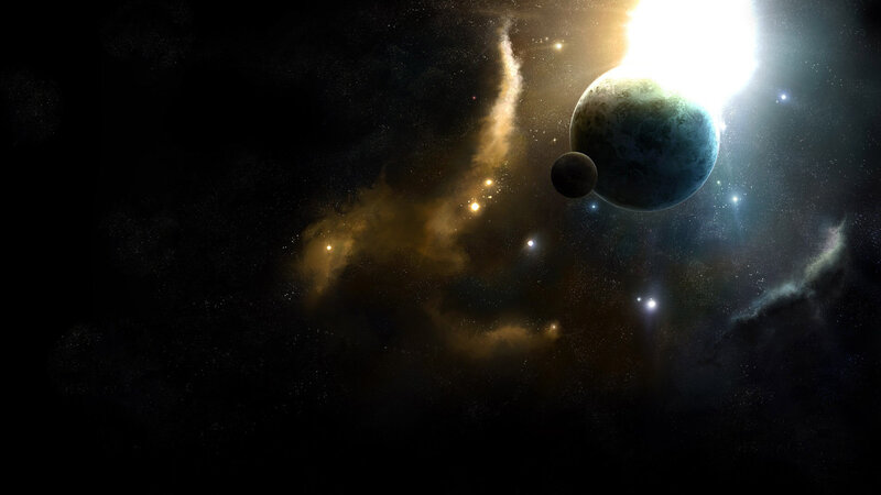 Planets in Space — Black, Dramatic, Digital Art, Stars, Nebula, Moon