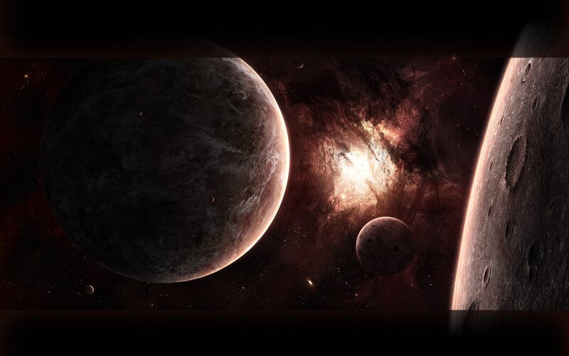 Planets in Space — Black, Dramatic, Digital Art, Stars, Nebula, Moons, Brown