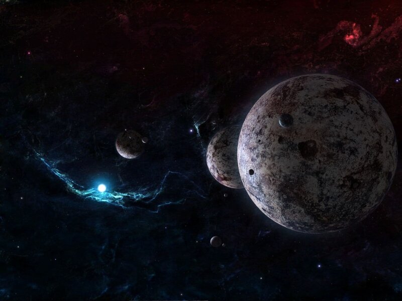 Planets in Space — Black, Dramatic, Digital Art, Stars, Nebula, Moons