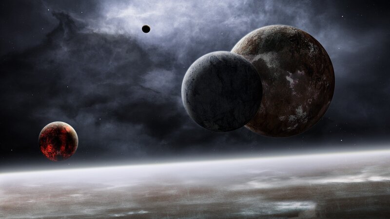 Planets in Space — Black, Dramatic, Digital Art, Stars, Nebula