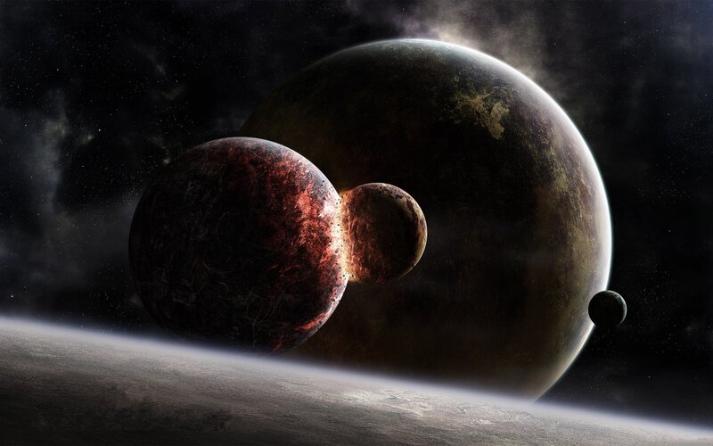 Planets in Space — Black, Dramatic, Digital Art, Stars, Planet, Brown