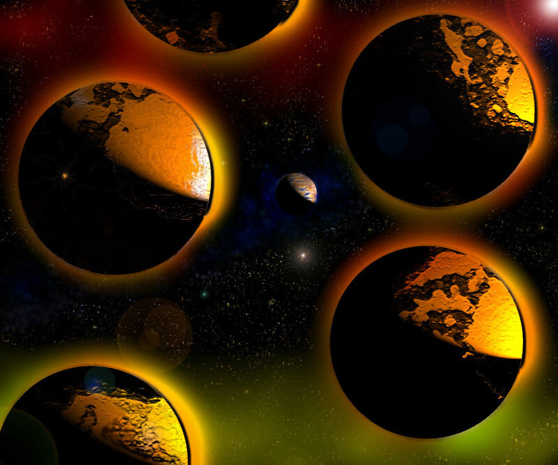 Planets in Space — Black, Dramatic, Digital Art, Stars, Planet, Orange