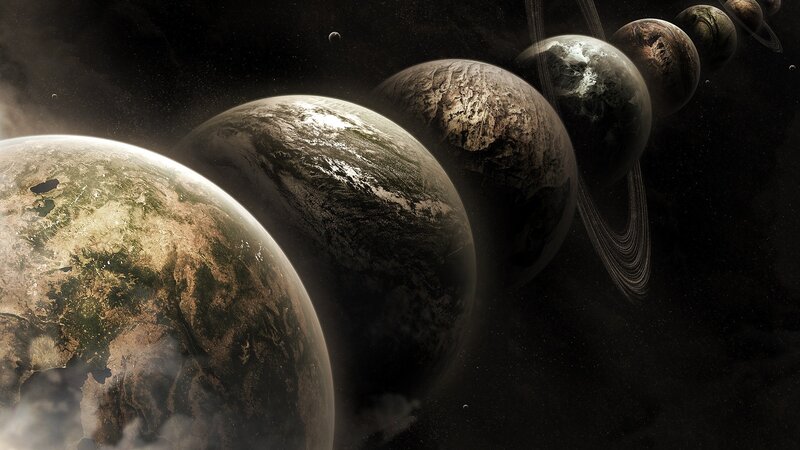 Planets in Space — Black, Dramatic, Digital Art, Stars, Rings, Brown