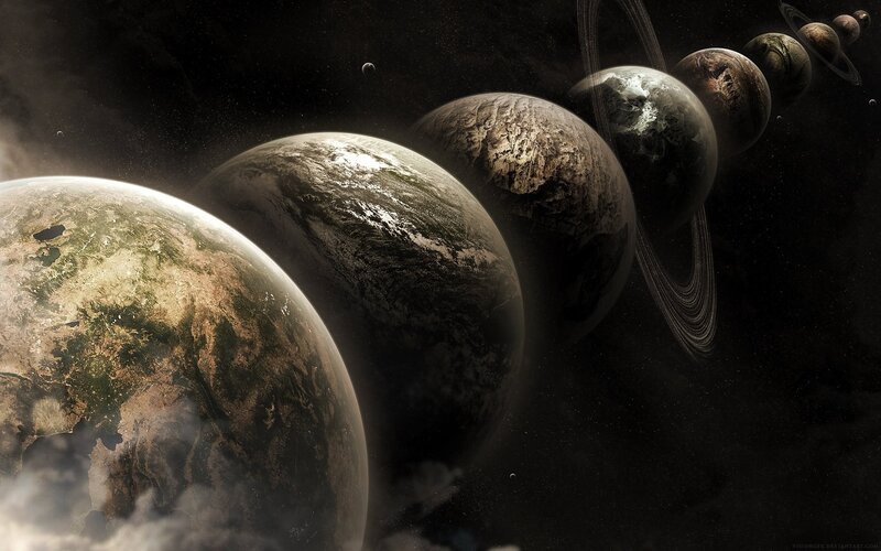 Planets in Space — Black, Dramatic, Digital Art, Stars, Rings, Clouds