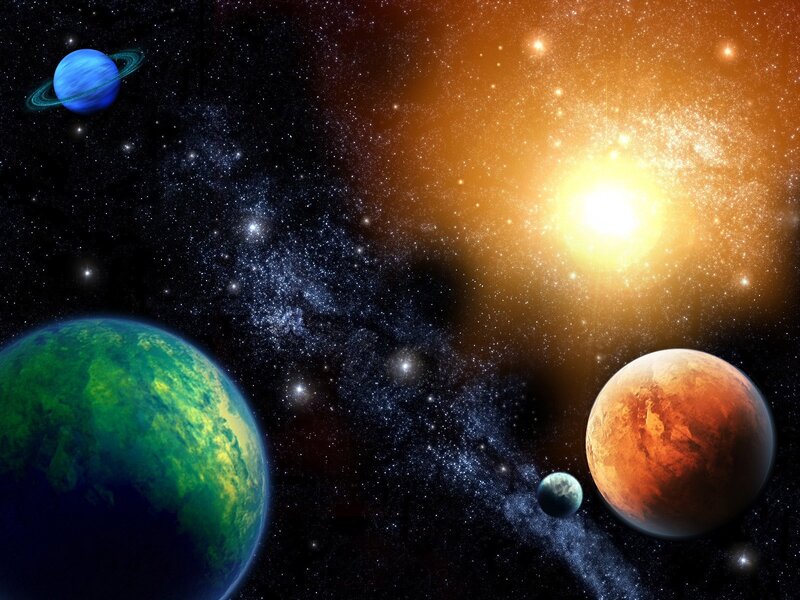 Planets in Space — Black, Dramatic, Digital Art, Stars, Sun, Galaxy