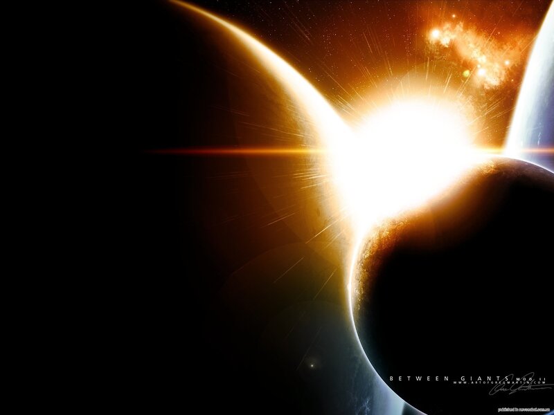 Planets in Space — Black, Dramatic, Digital Art, Sun, Stars