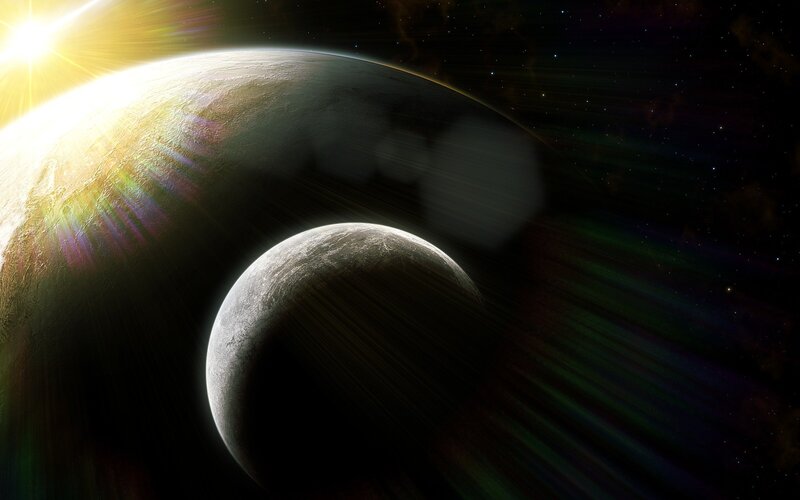 Planets in Space — Black, Dramatic, Digital Art, Sun, Stars, Yellow