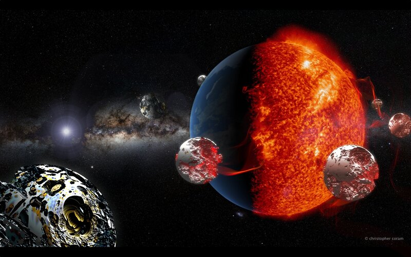 Planets in Space — Black, Dramatic, Digital Art, Sun