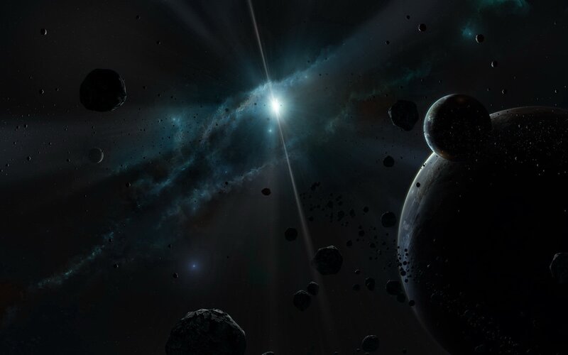 Planets in Space — Black, Dramatic, Night, Digital Art, Asteroids, Nebula