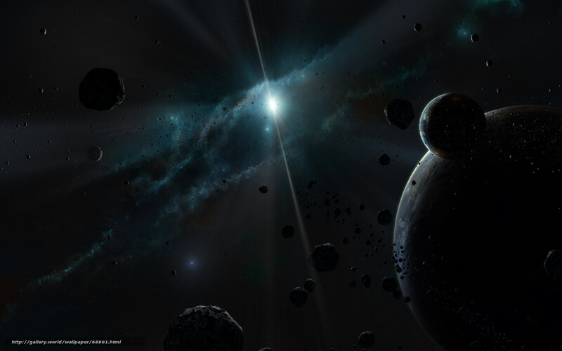 Planets in Space — Black, Dramatic, Night, Digital Art, Asteroids