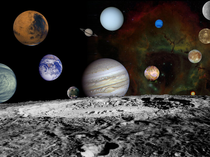 Planets in Space — Black, Dramatic, Night, Digital Art, Moon Surface