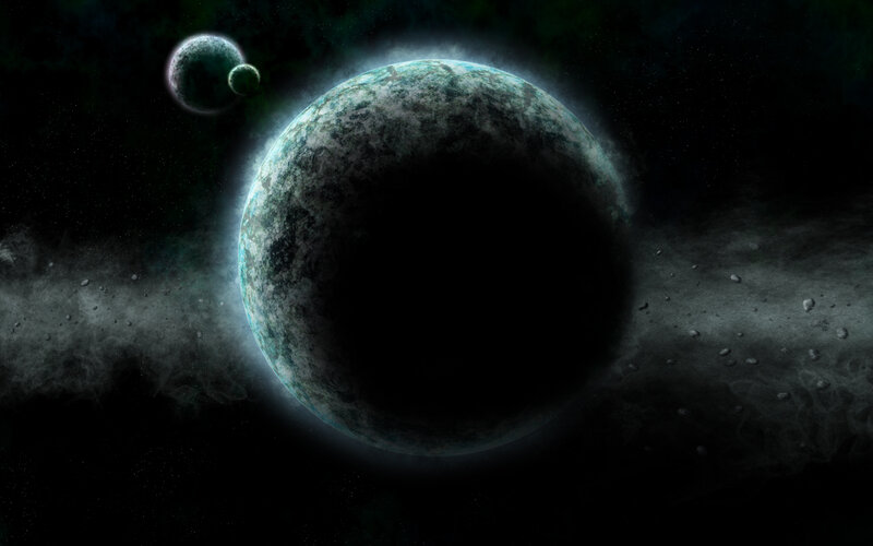 Planets in Space — Black, Dramatic, Night, Digital Art, Moons