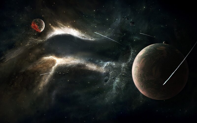 Planets in Space — Black, Dramatic, Night, Digital Art, Nebula