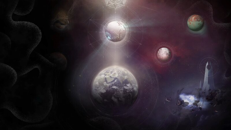 Planets in Space — Black, Dramatic, Night, Digital Art, Spacecraft, Asteroids, Geometric Patterns