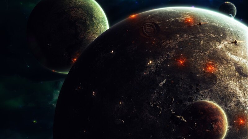Planets in Space — Black, Dramatic, Night, Digital Art, Spacecraft, Asteroids, Stars