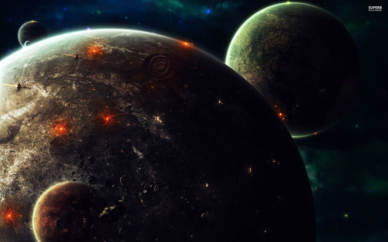 Planets in Space — Black, Dramatic, Night, Digital Art, Spacecraft, Asteroids