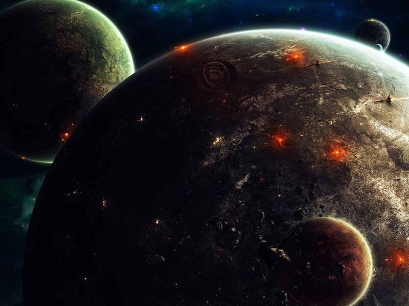 Planets in Space — Black, Dramatic, Night, Digital Art, Spacecraft