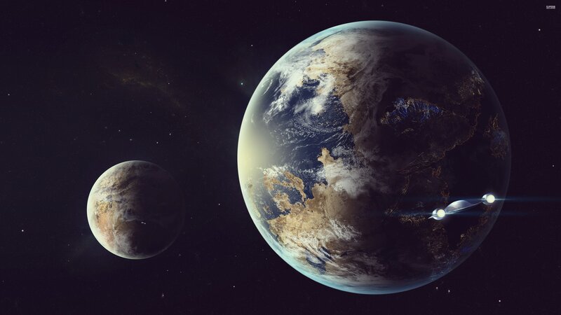 Planets in Space — Black, Dramatic, Night, Digital Art, Spaceship