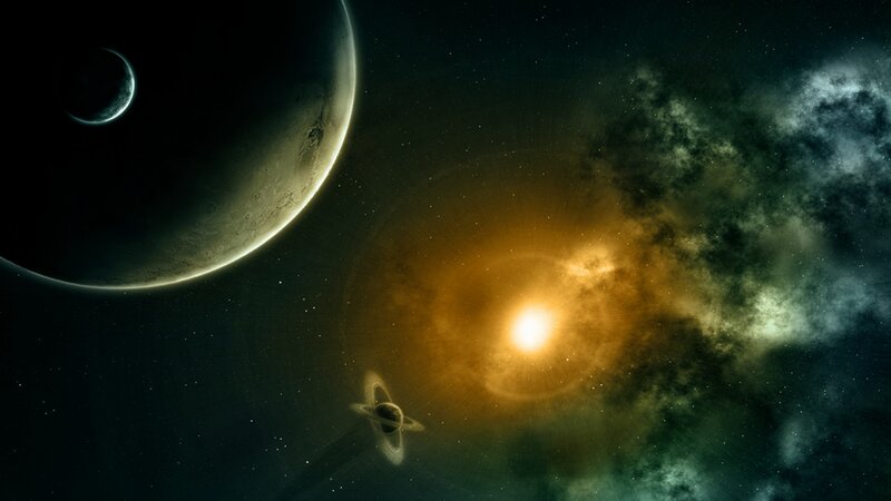 Planets in Space — Black, Dramatic, Night, Digital Art, Star, Moon, Nebula, Orange