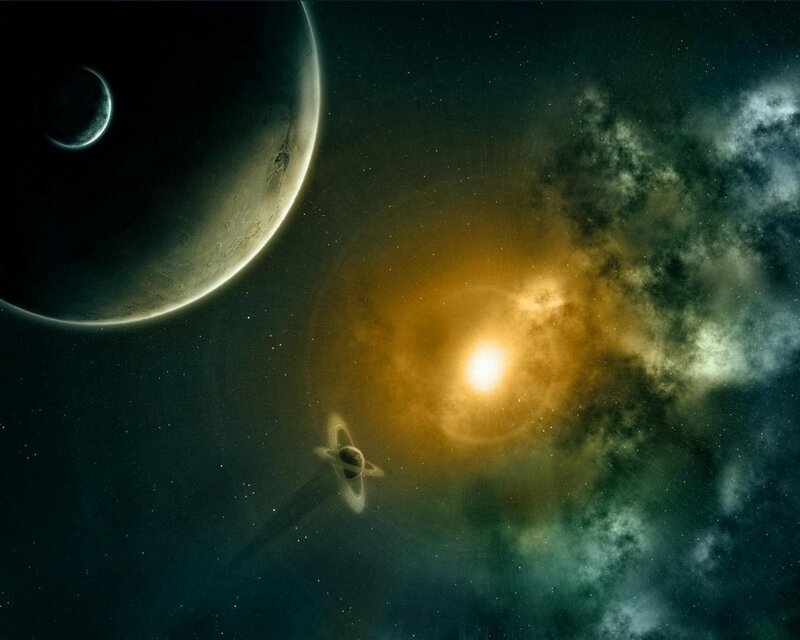Planets in Space — Black, Dramatic, Night, Digital Art, Star, Moon, Nebula, Yellow