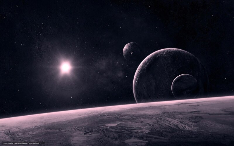 Planets in Space — Black, Dramatic, Night, Digital Art, Star, Moons