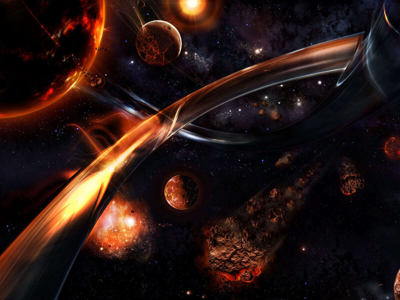 Planets in Space — Black, Dramatic, Night, Digital Art, Stars, Asteroids, Nebula, Orange, Blue