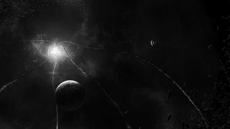 Planets in Space — Black, Dramatic, Night, Digital Art, Stars, Asteroids