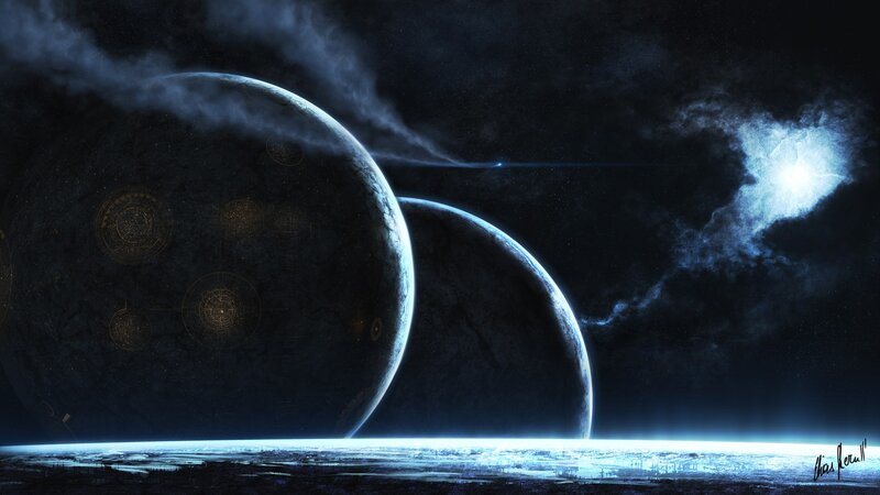 Planets in Space — Black, Dramatic, Night, Digital Art, Stars, Clouds