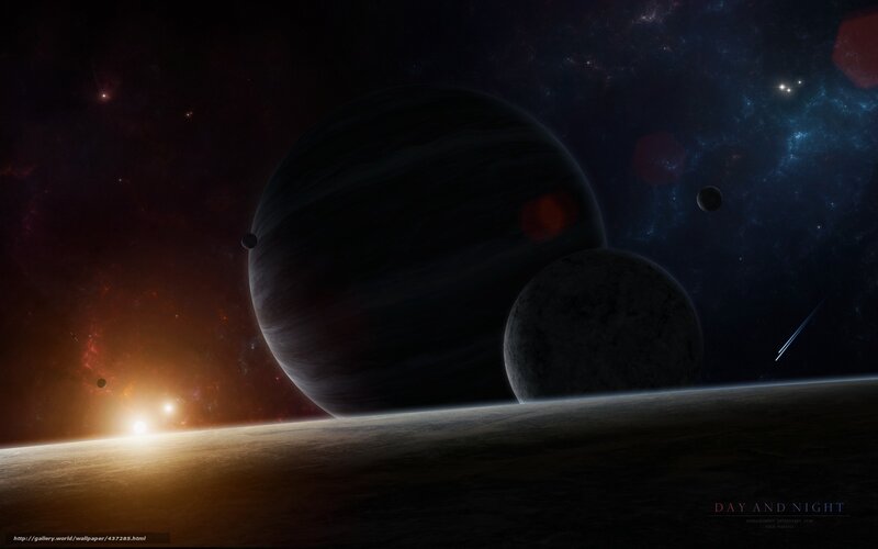 Planets in Space — Black, Dramatic, Night, Digital Art, Stars, Comet, Planet