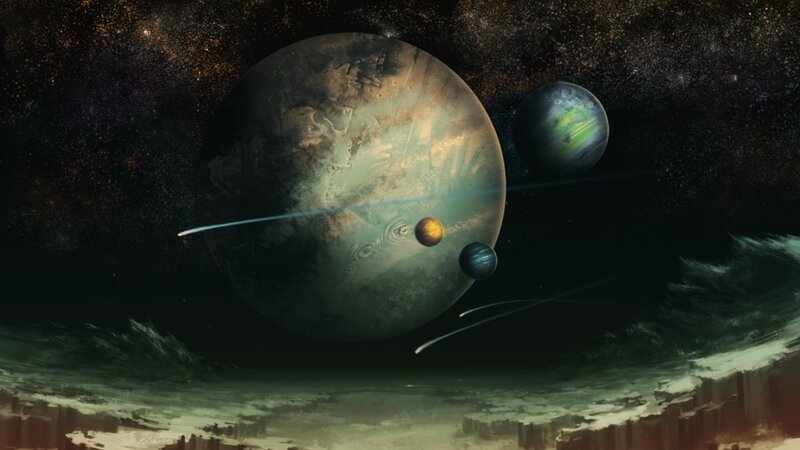 Planets in Space — Black, Dramatic, Night, Digital Art, Stars, Comet