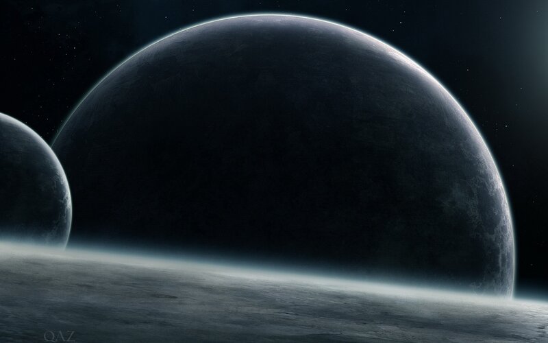 Planets in Space — Black, Dramatic, Night, Digital Art, Stars, Gray