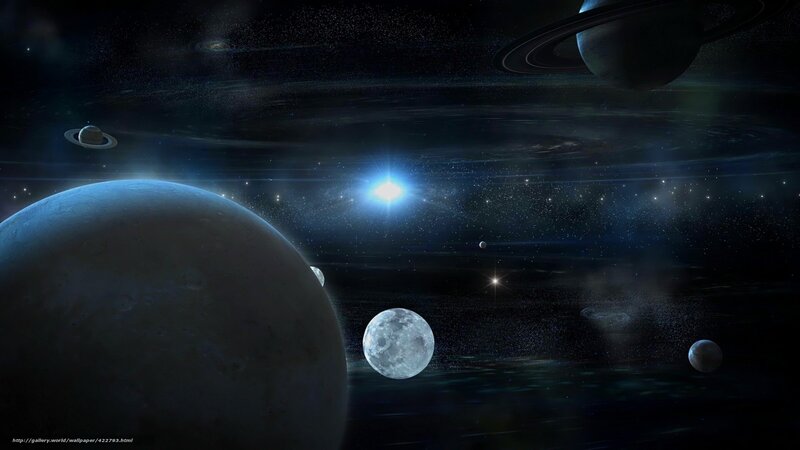 Planets in Space — Black, Dramatic, Night, Digital Art, Stars, Moons, Rings