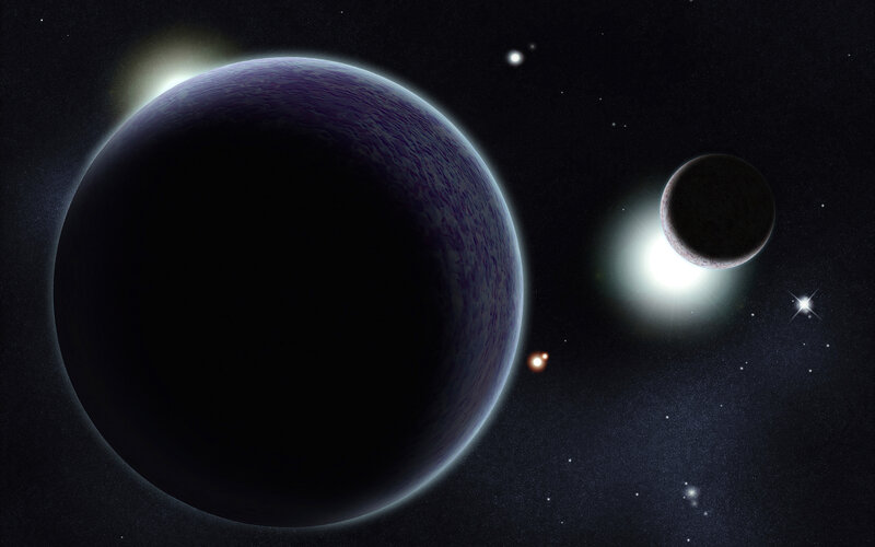 Planets in Space — Black, Dramatic, Night, Digital Art, Stars, Moons