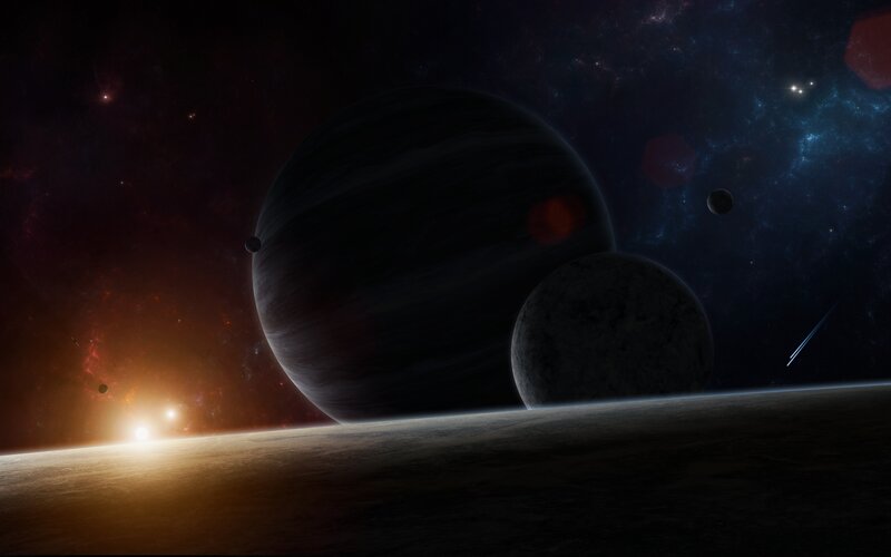 Planets in Space — Black, Dramatic, Night, Digital Art, Stars, Nebula, Comet