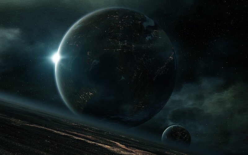 Planets in Space — Black, Dramatic, Night, Digital Art, Stars, Nebula, Moon