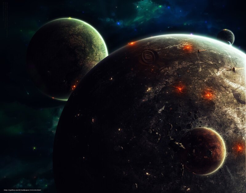 Planets in Space — Black, Dramatic, Night, Digital Art, Stars, Nebula, Spacecraft