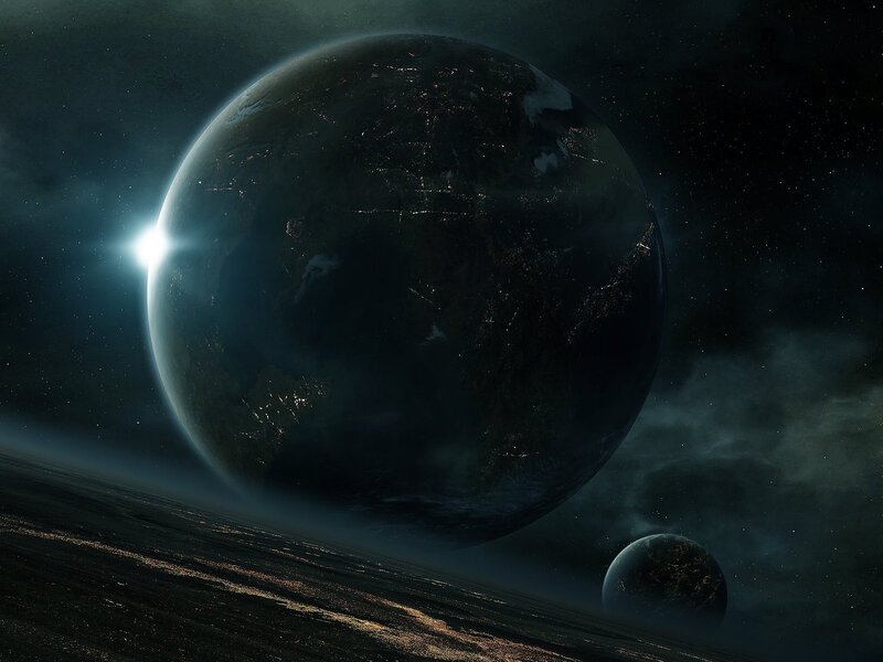 Planets in Space — Black, Dramatic, Night, Digital Art, Stars, Nebula, Sunlight