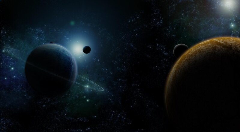Planets in Space — Black, Dramatic, Night, Digital Art, Stars, Planet Rings