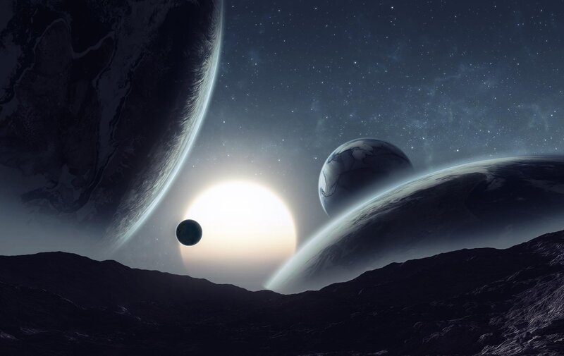 Planets in Space — Black, Dramatic, Night, Digital Art, Stars, Sun, Moon