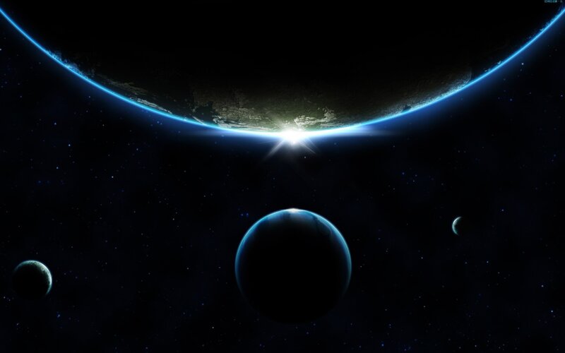 Planets in Space — Black, Dramatic, Night, Digital Art, Stars, Sunrise