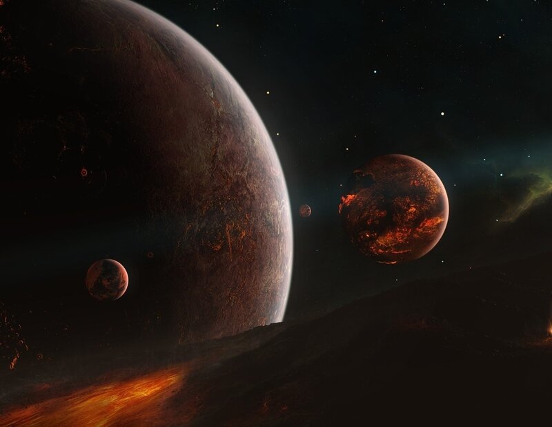 Planets in Space — Black, Dramatic, Night, Digital Art, Stars