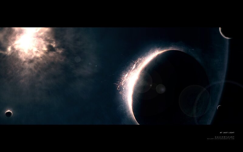 Planets in Space — Black, Dramatic, Night, Digital Art, Sun